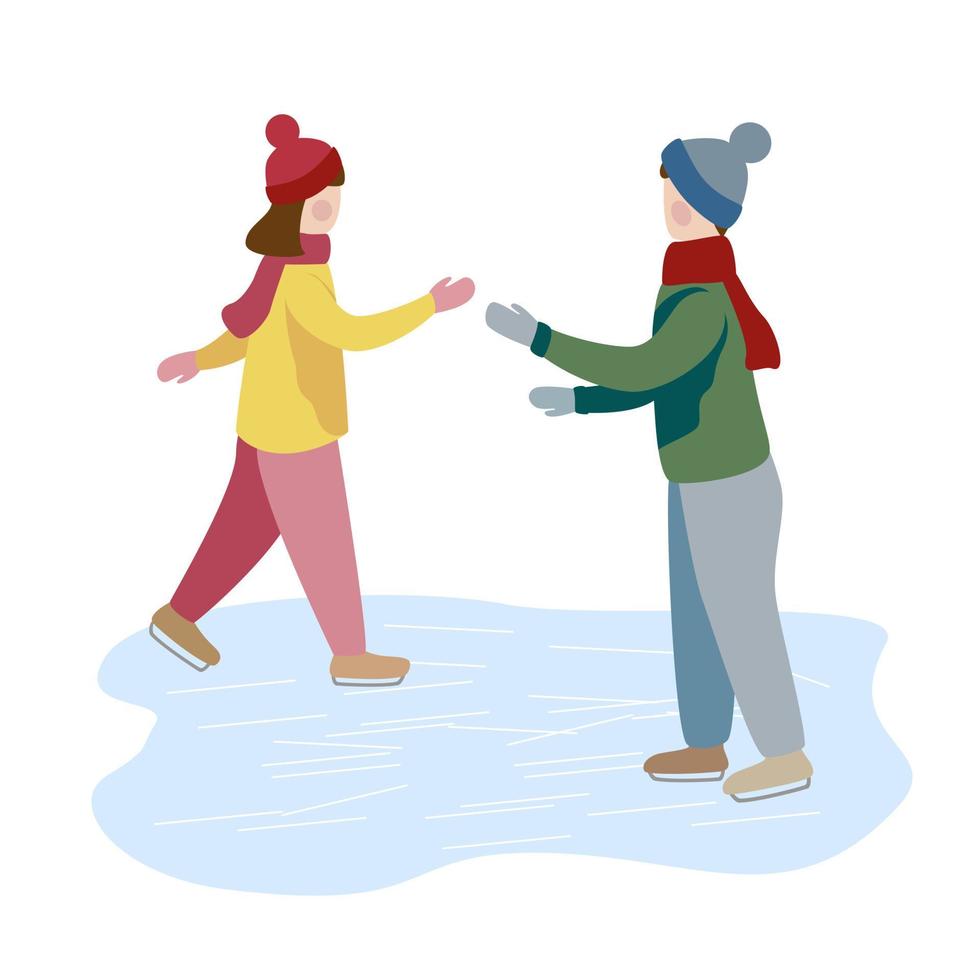 niña y niño patinan sobre hielo juntos. aprende a patinar sobre hielo. actividades de invierno para niños. vector