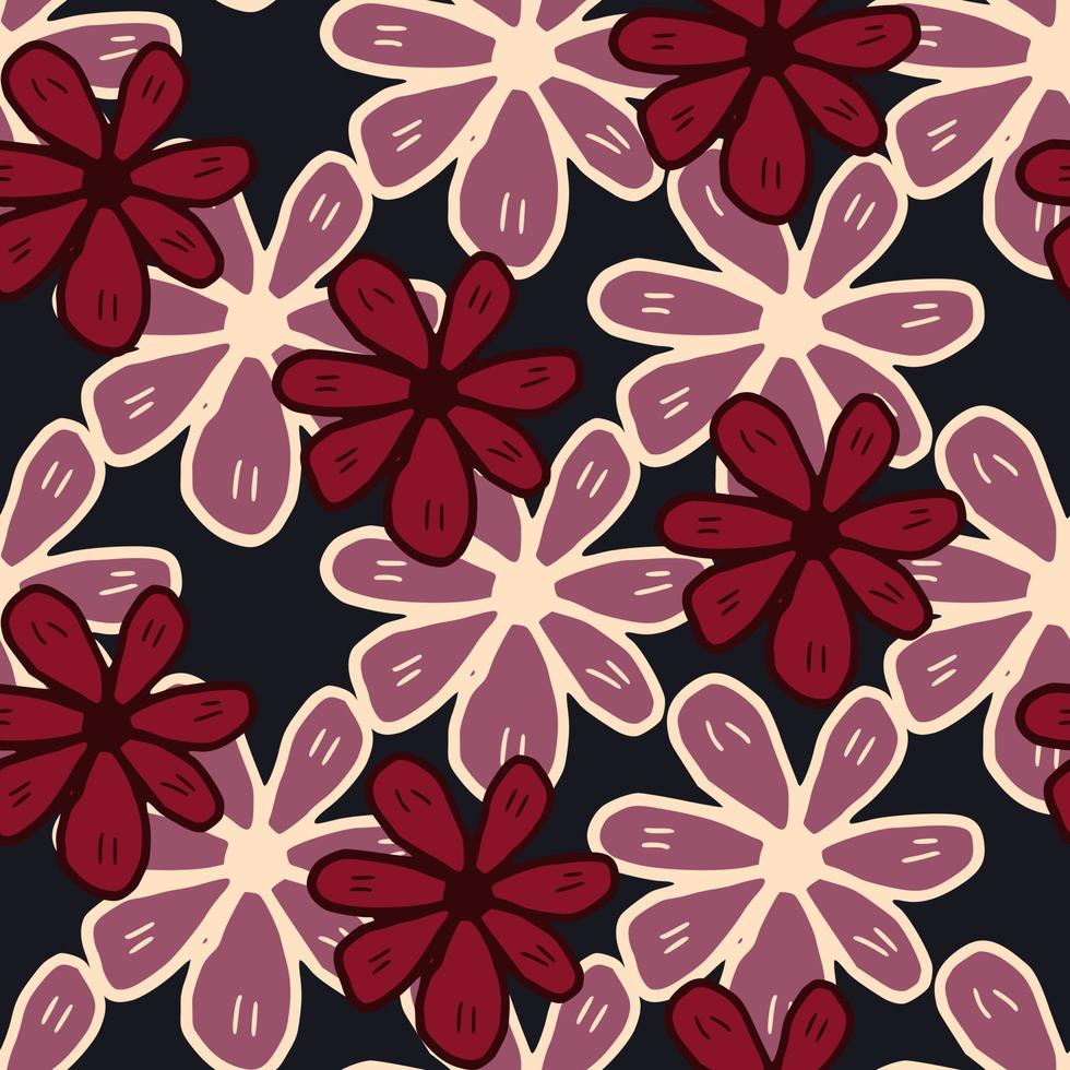 Abstract chamomiles flowers seamless pattern on black background. Hand drawn daisies floral endless wallpaper. vector