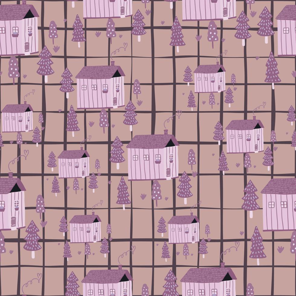 Random pale seamless stylized village pattern with houses and fir tree silhouettes. Chequered background and creative ornament in lilac and beige tones. vector