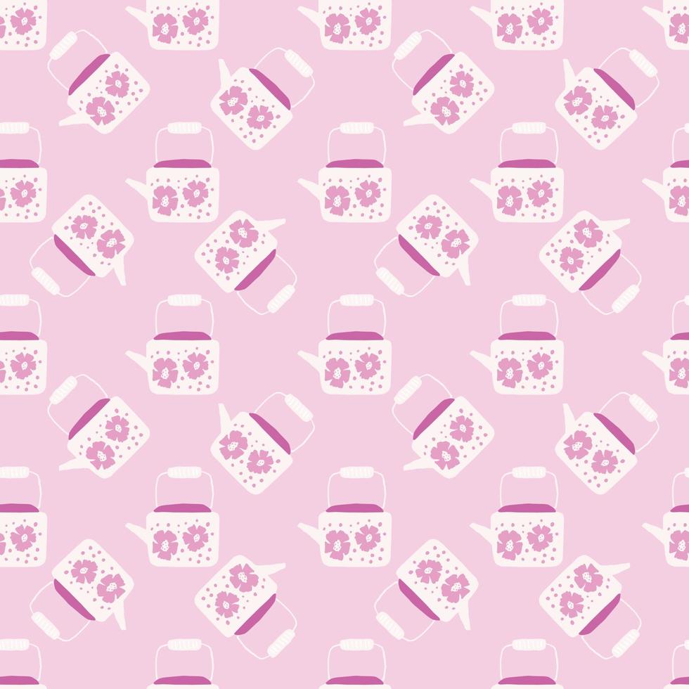 Kettle silhouettes seamless hand drawn pattern. White teapots on light pink background. vector