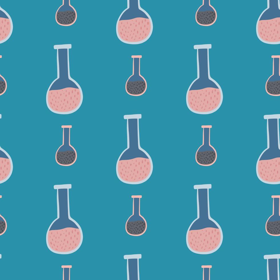 Pink cartoon seamless pattern with flask element. Turquoise background. Laboratory college print. vector