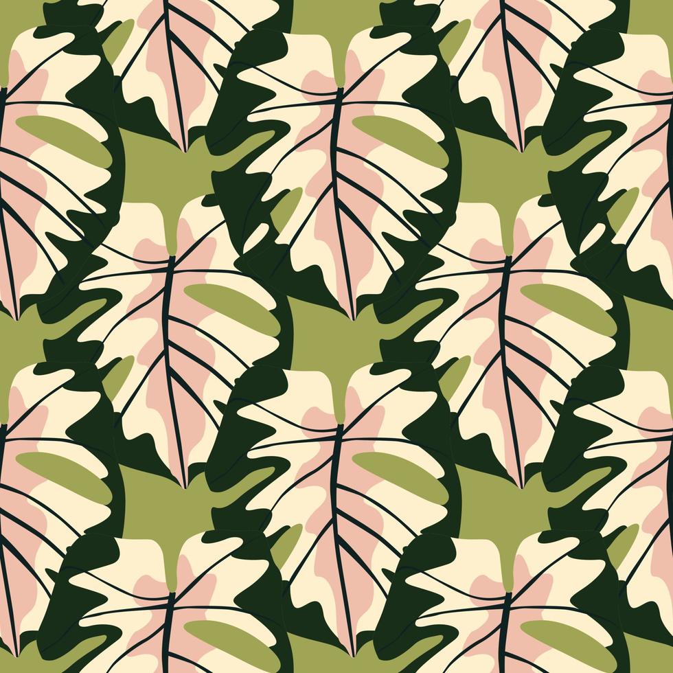 Multicolor exotic seamless monstera doodle pattern. Pink and green colored tropical foliage on dark background. vector