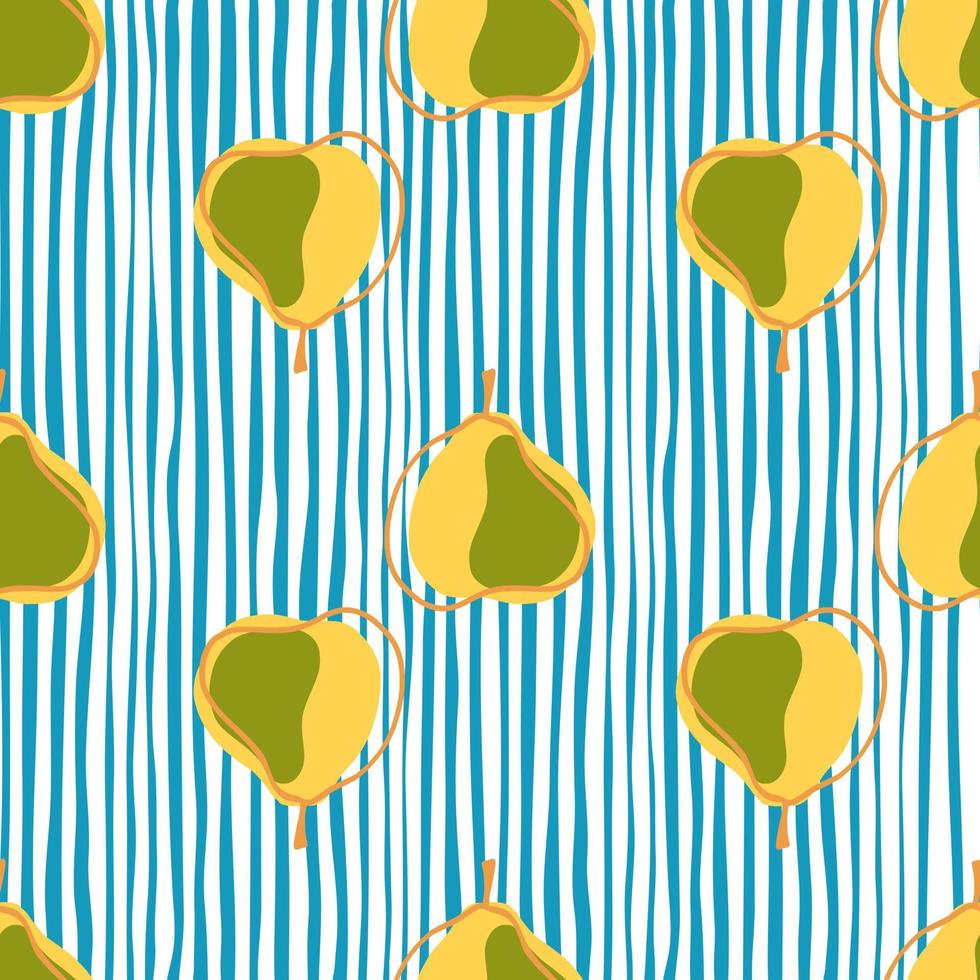 Random yellow contoured pears elements seamless doodle pattern. Blue and white striped background. vector