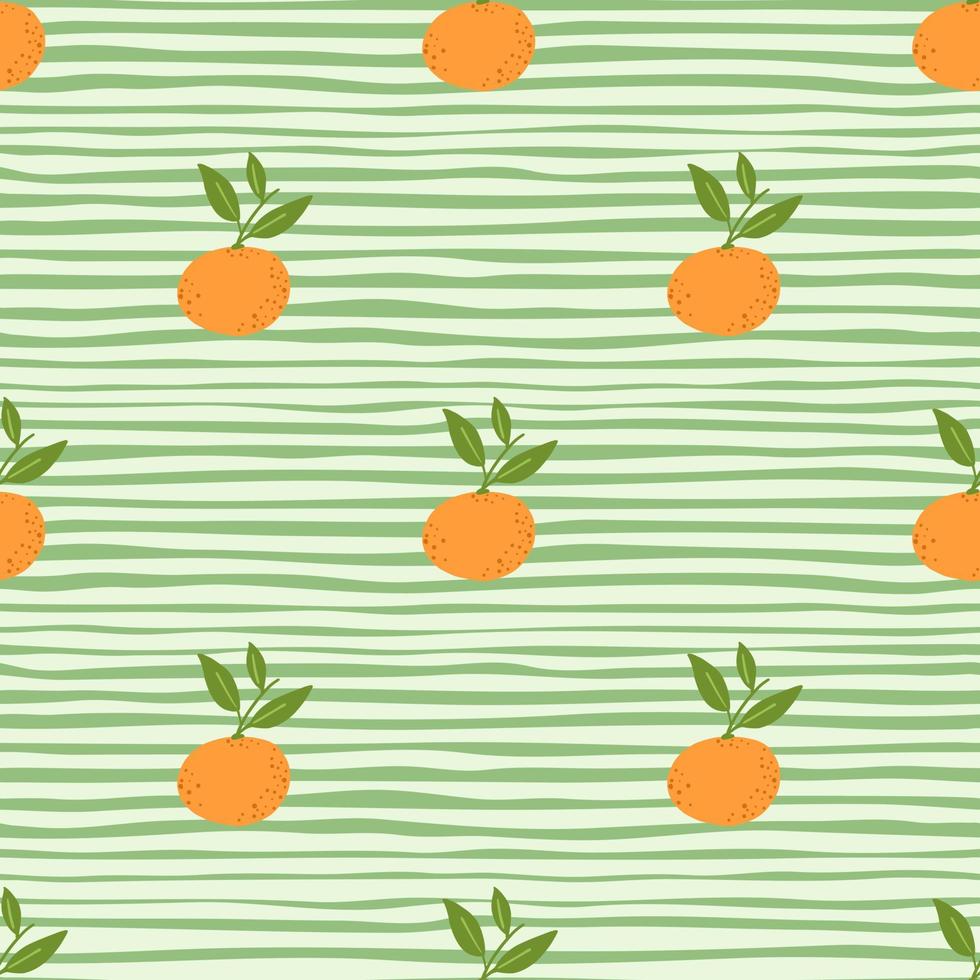 divertidas siluetas de mandarina naranja patrón de fruta sin costuras. fondo de rayas verdes. impresión de cosecha de jardín. vector