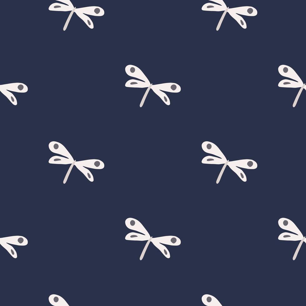 Geometric white dragonfly seamless pattern on blue background. Simple hand drawn dragonflies wallpaper. vector