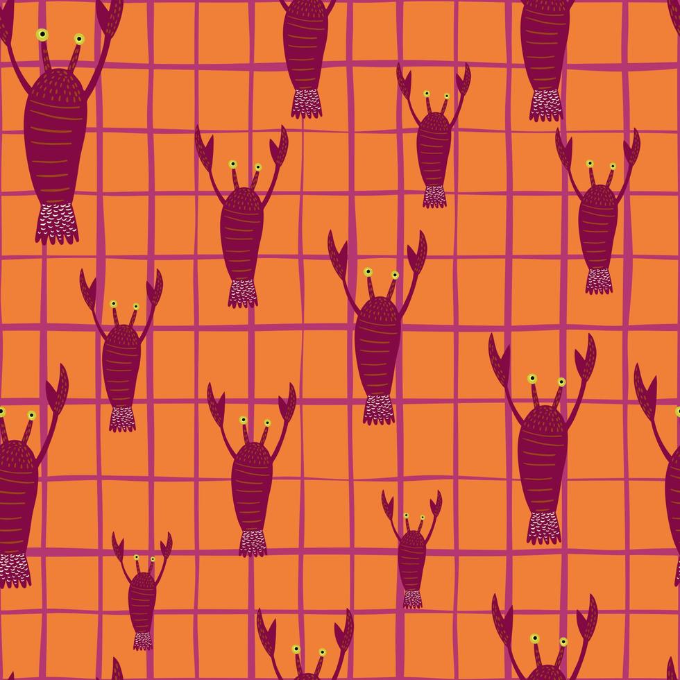 Random seamless doodle pattern with dark pink lobster ornament. Orange bright chequered background. vector