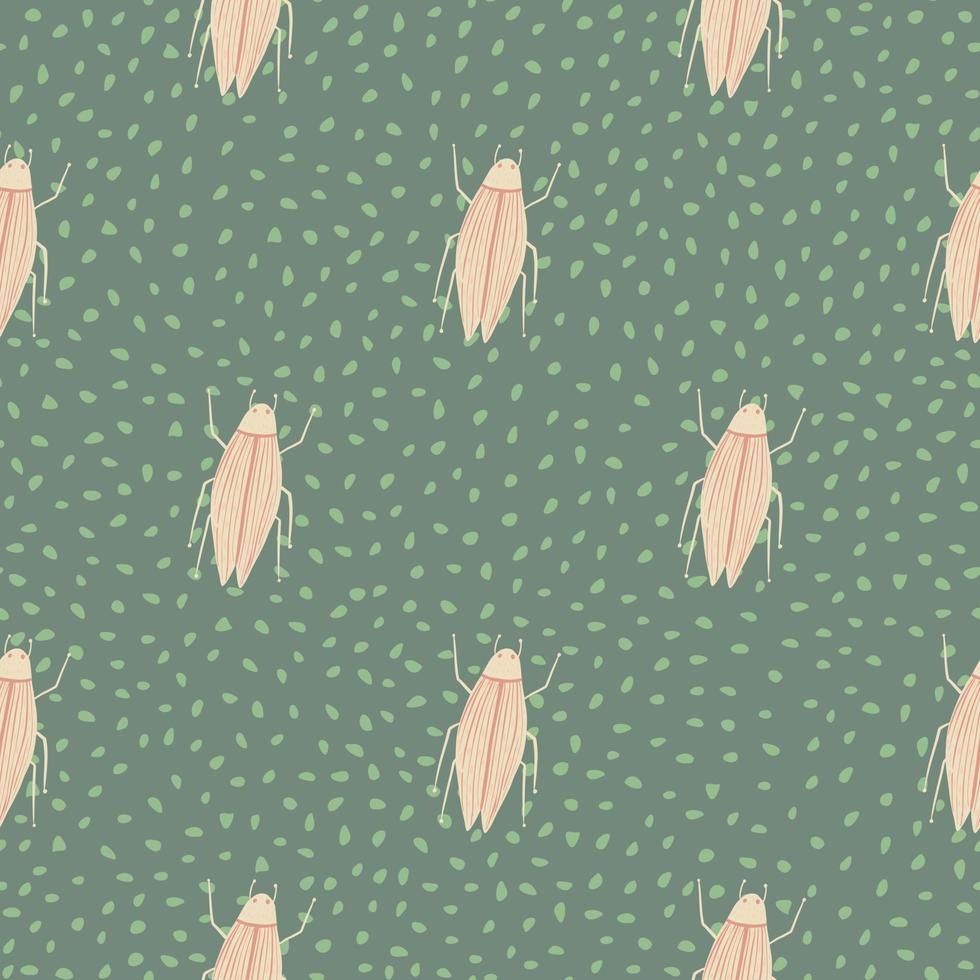 patrón sin costuras de insectos rosa claro. fondo verde pálido punteado. boceto simple de vida silvestre exótica. vector