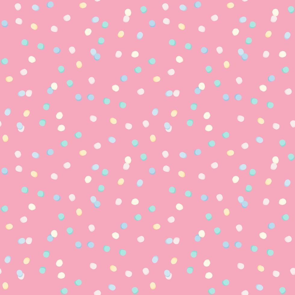 Bright seamless polka dot pattern with pink background. Blue and white colored dots. vector