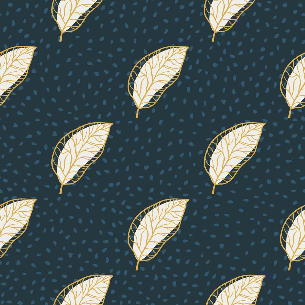 Simple abstract seamless leaf pattern. Stylized botanic print with navy blue dotted background and white yellow contoured foliage. vector
