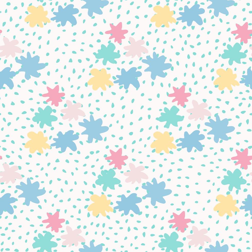 Childish seamless pattern with star shapes. White background with dots and blue, yellow, pink elements. vector