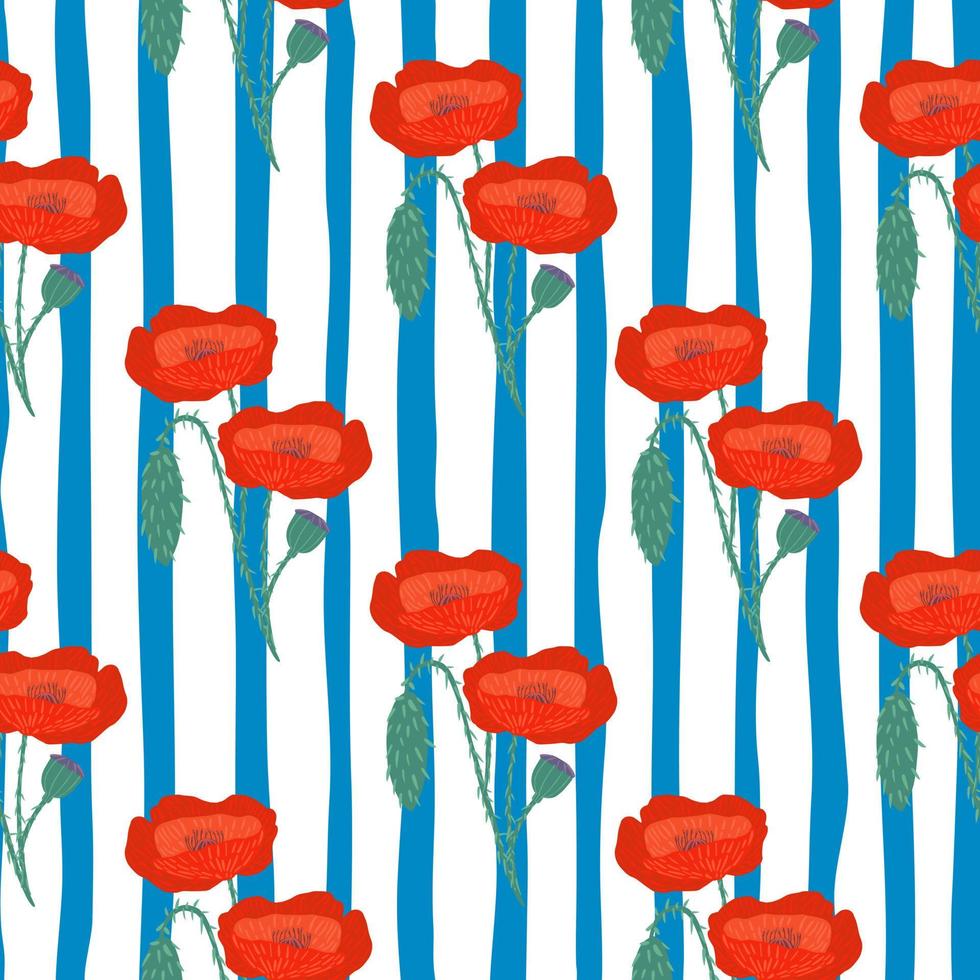 Bright poppy flower silhouettes seamless pattern. Floral ornament in red color on background with blue and white strips. vector