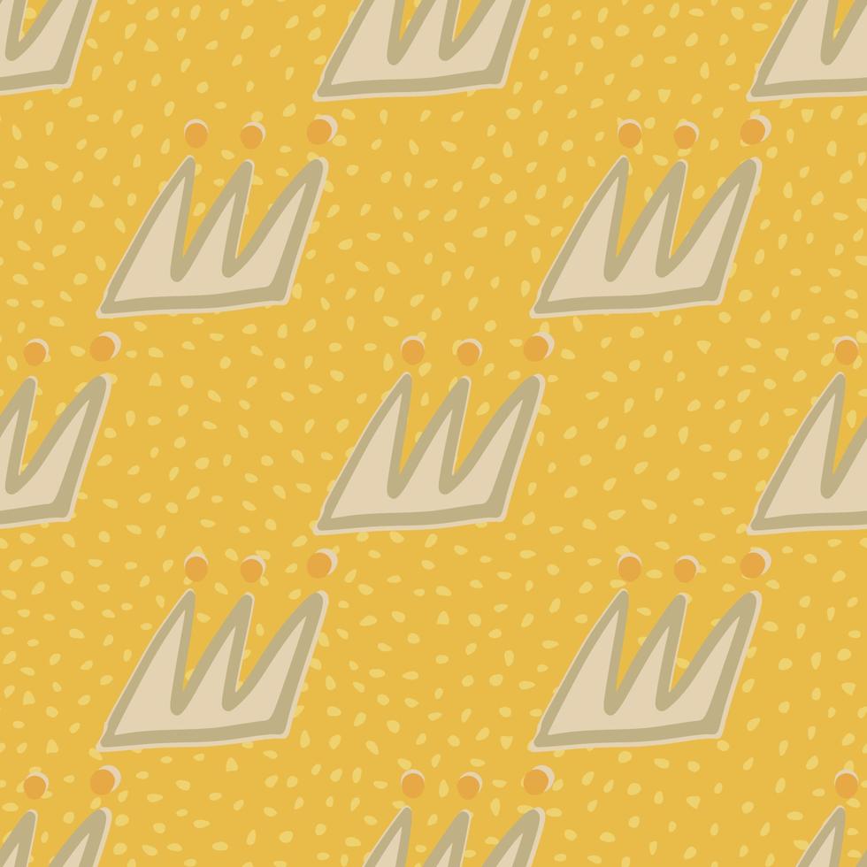 Bright seamless doodle pattern with grey contoured crowns. Yellow background with dots. vector