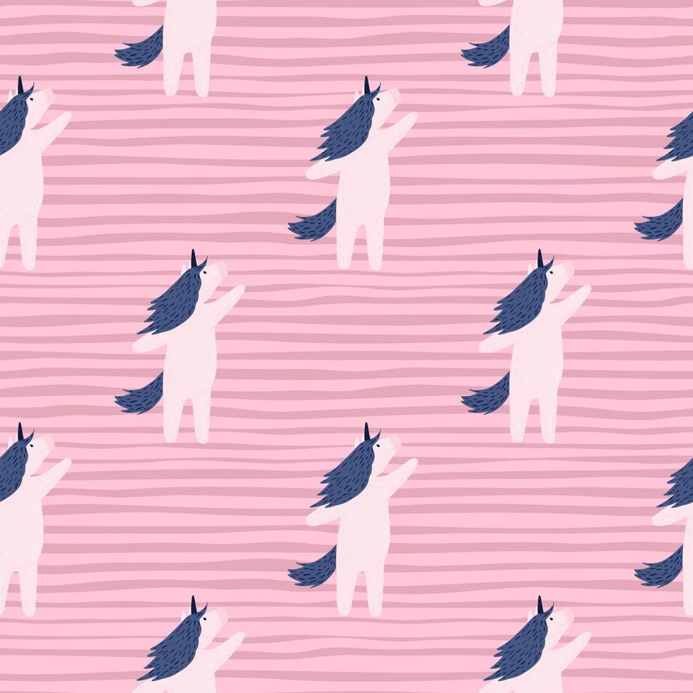Sweet childish seamless pattern witth doodle blue and white unicorn shapes. Pink striped background. vector