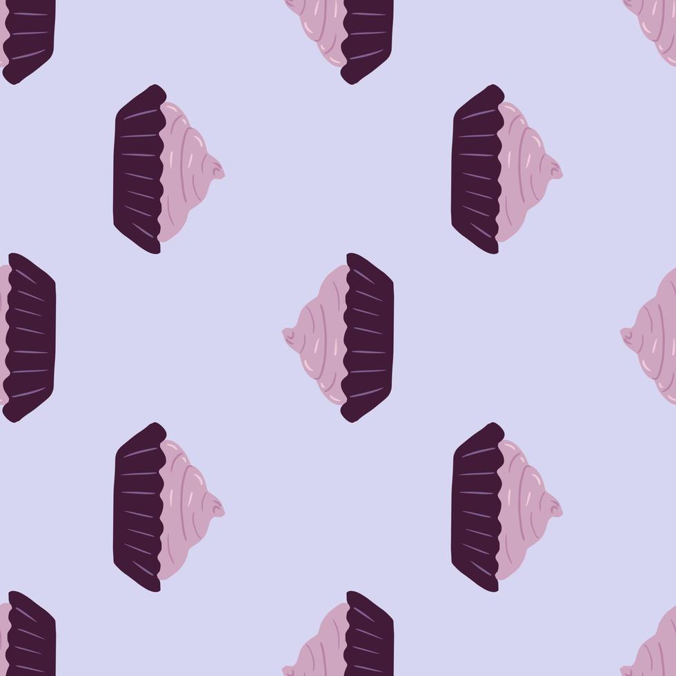 Seamless pattern with doodle basket with cream cake silhouettes. Purple tones sweet dessert on light blue background. vector