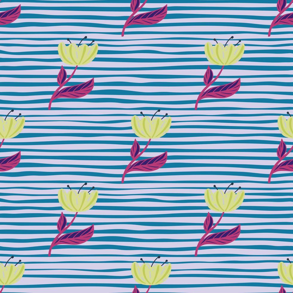 Decorative seamless pattern with simple poppy flowers ornament. Blue striped background. Doodle style. vector