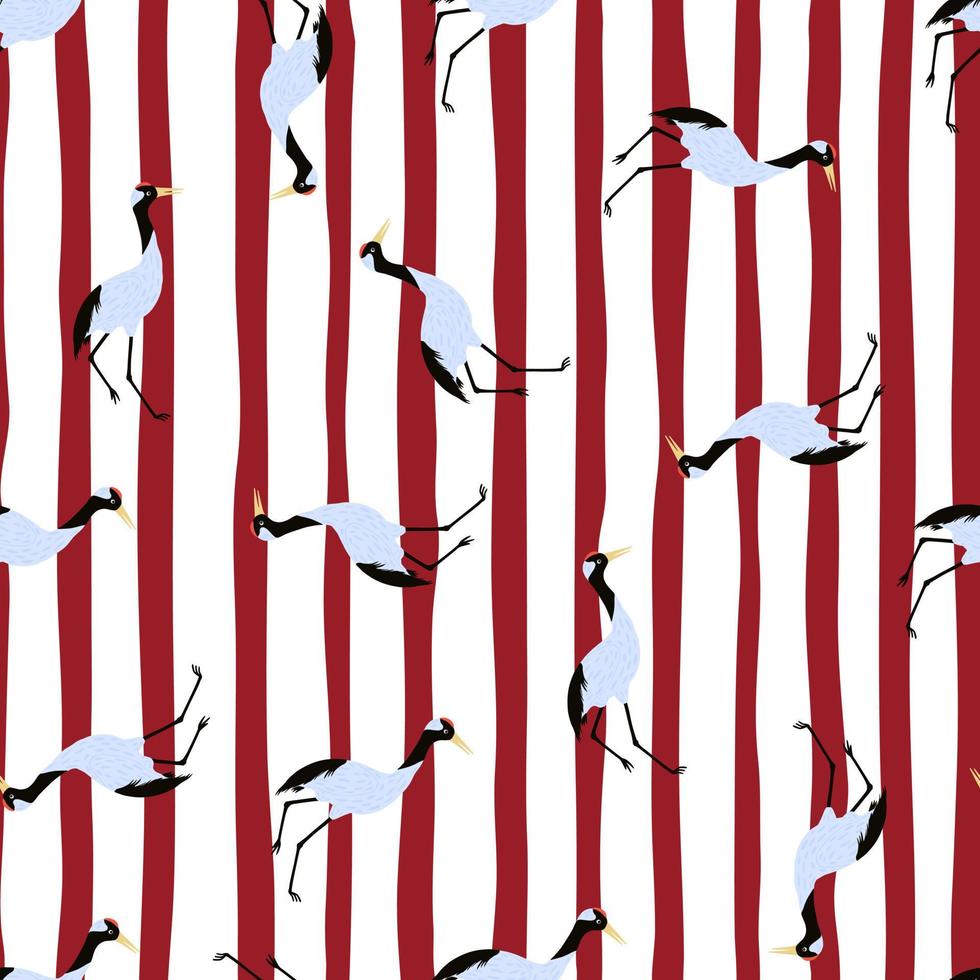 Abstract exotic zoo seamless pattern with random crane bird silhuettes print. Red and white striped background. vector