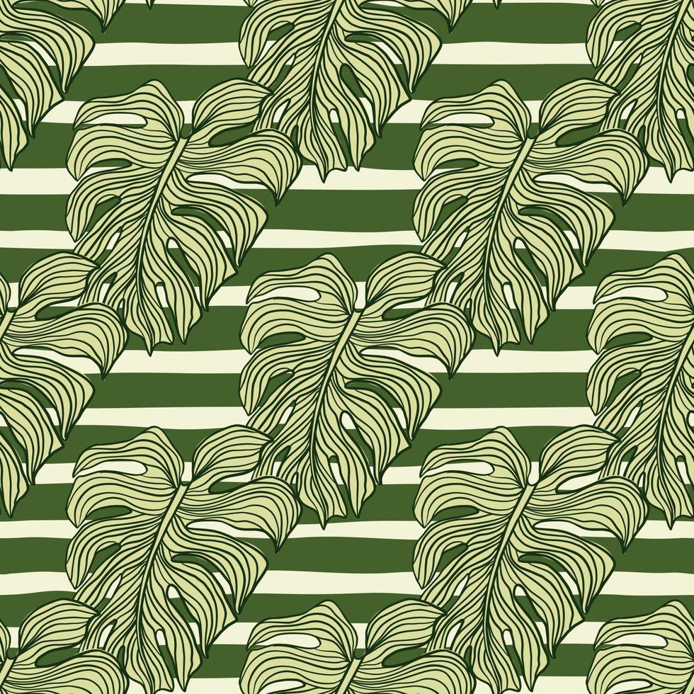 Geometric monstera leaf seamless pattern on stripes background. Modern tropical leaves philodendron plant silhouette backdrop. vector