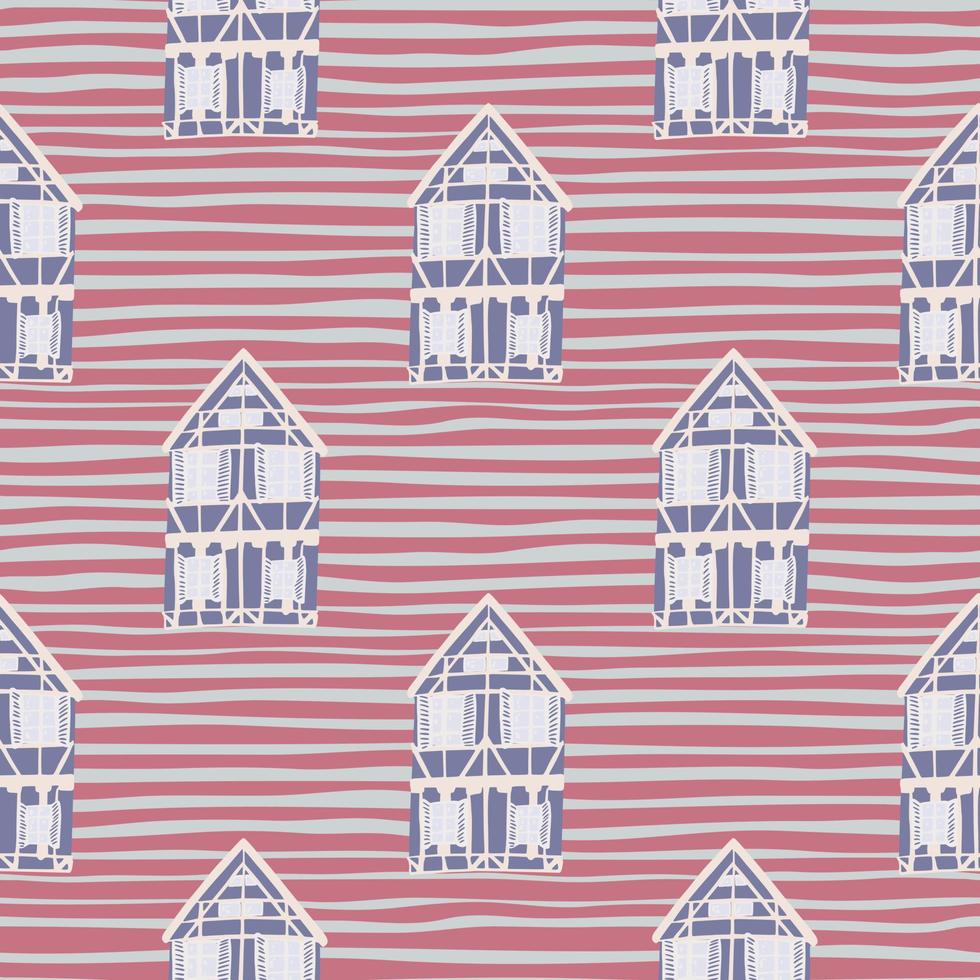 Blue tones house cartoon seamless pattern in hand drawn style. Red and grey striped background. vector