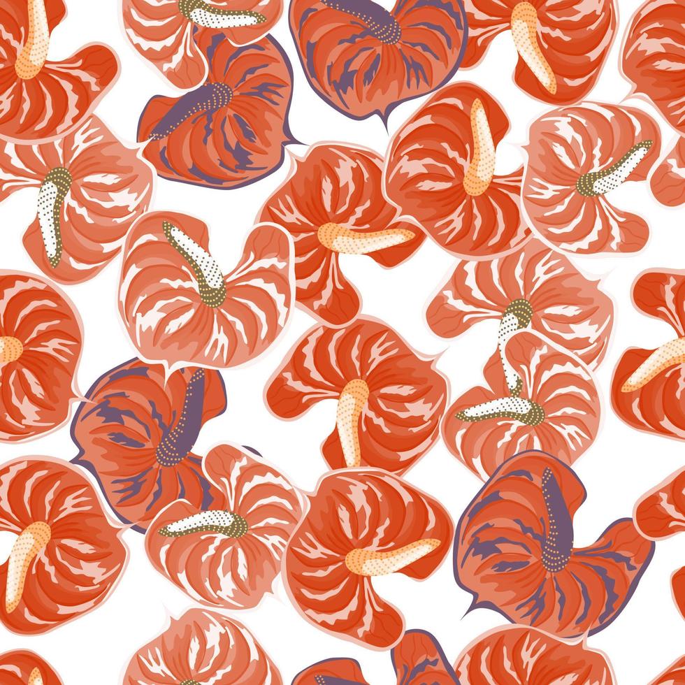 Bright anthurium flowers seamless pattern isolated on white background. Tropical botanical wallpaper. vector