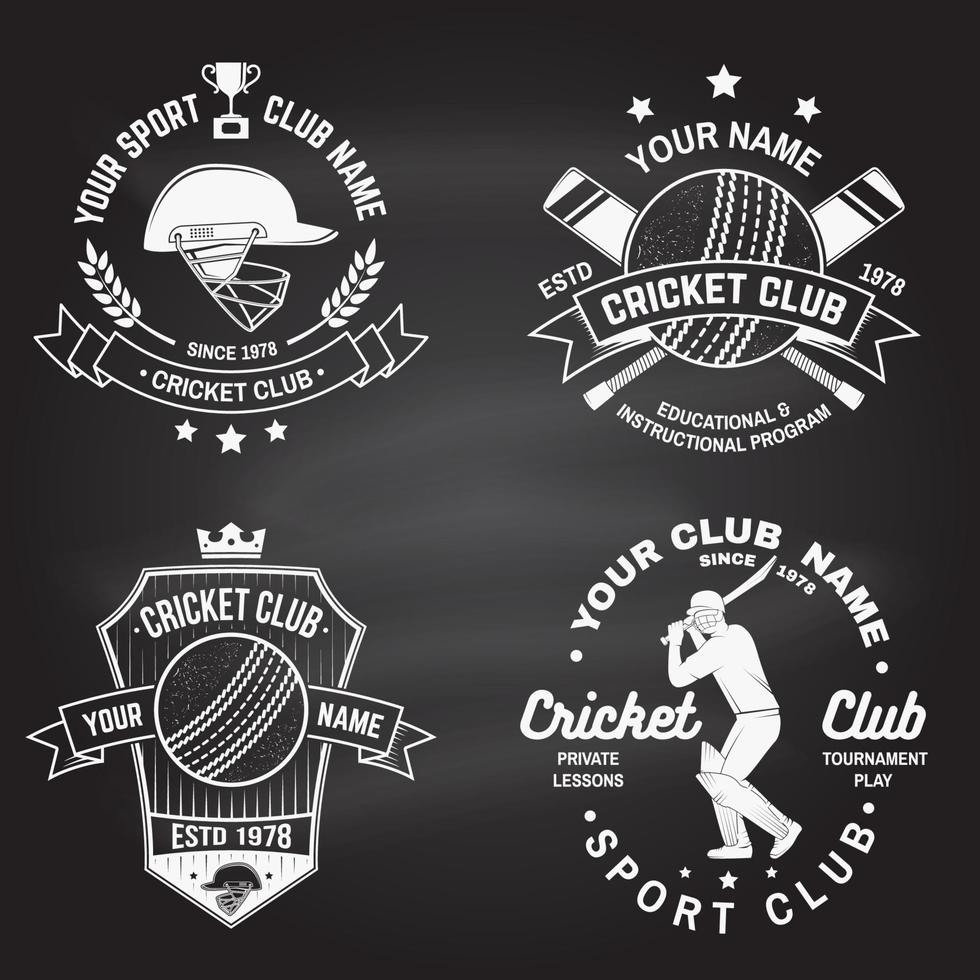 conjunto de insignias del club de cricket en la pizarra. vector. concepto para camisa, estampado, sello o camiseta. plantillas para el club deportivo de cricket. vector