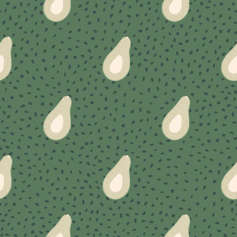 Light grey organic avocados seamless raw pattern. Breakfast vegan food elements on green doted background. vector