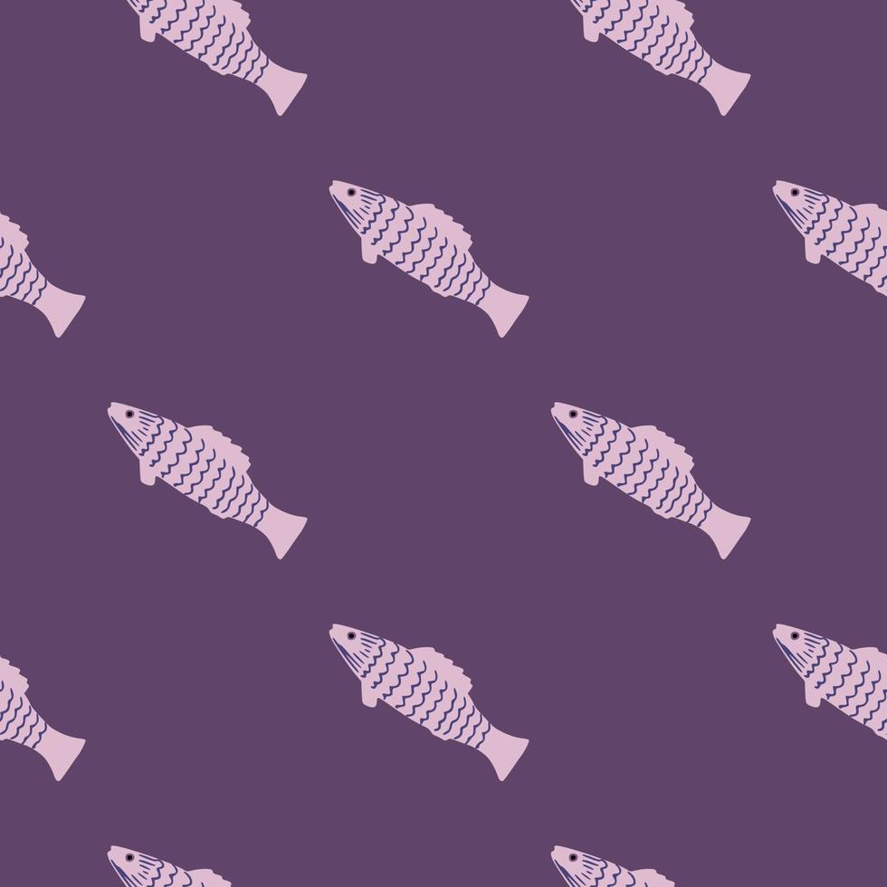 Minimalistic seamless ocean pattern with fishes. Doodle simple silhouettes on purple background. vector