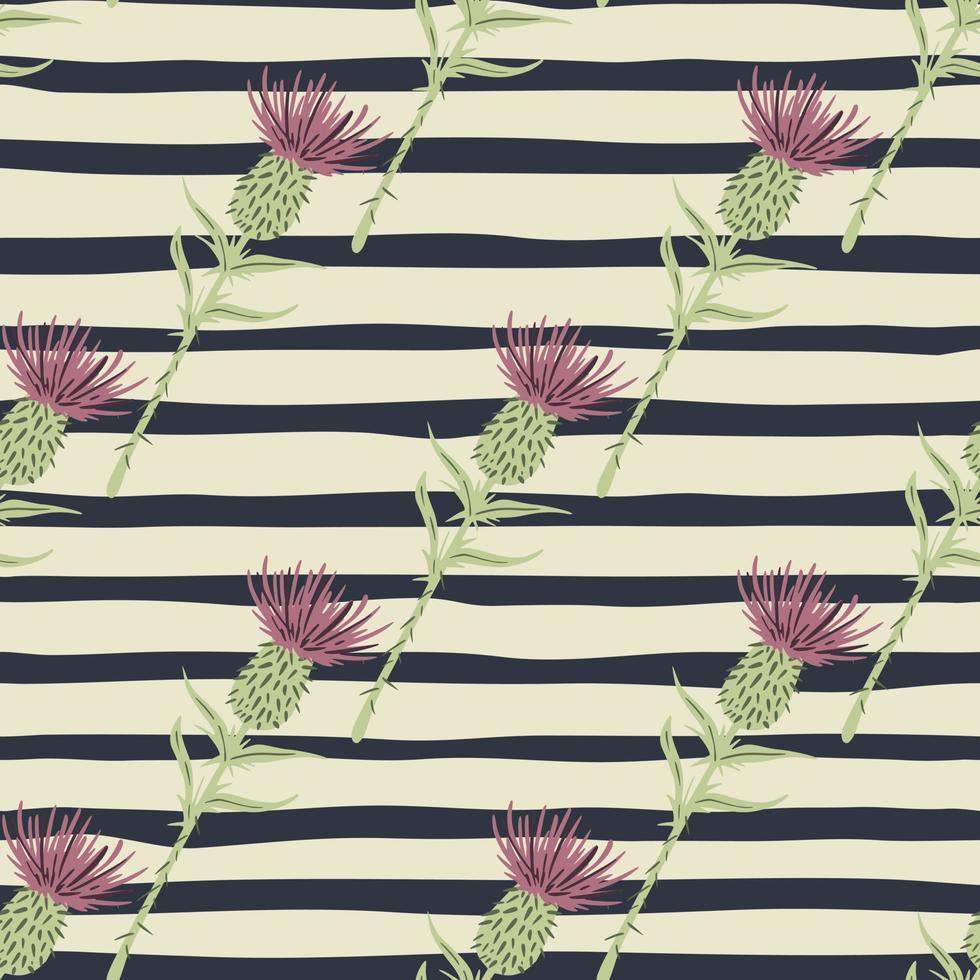 Seamless pattern with burdock hand drawn silhouettes. Green stems and purple buds elements on stripped background. vector