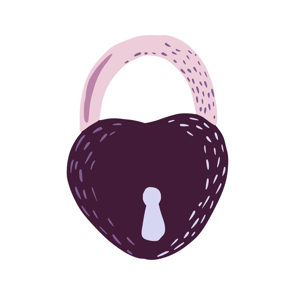 Violet heart shape lock isolated on white background. Abstract element for door in doodle. vector