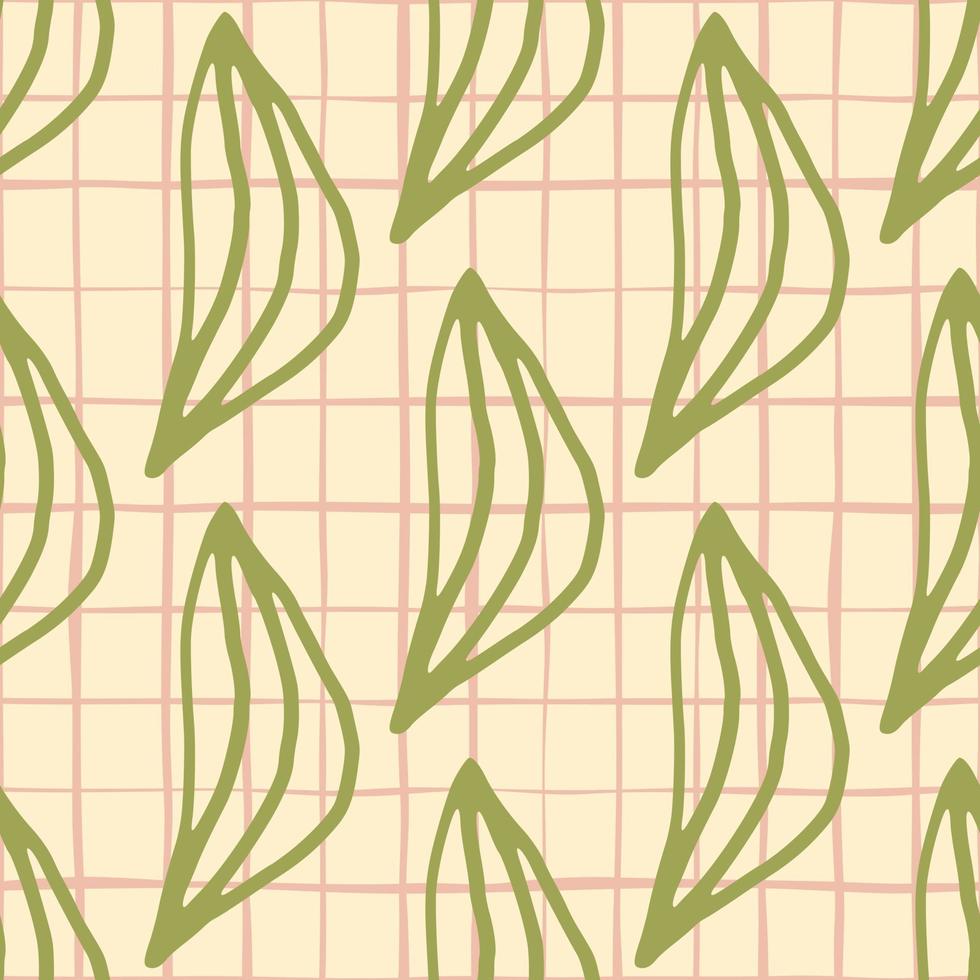 Green outline leafs on seamless floral pattern. Pink chequered background. Simple design. vector