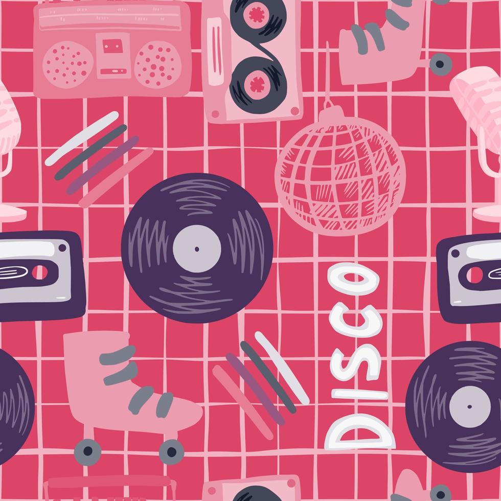 patrón transparente de paleta rosa y púrpura con bola disco, micrófono, rodillos, casete, grabadora, vinilo, formas de registro. fondo a cuadros. vector