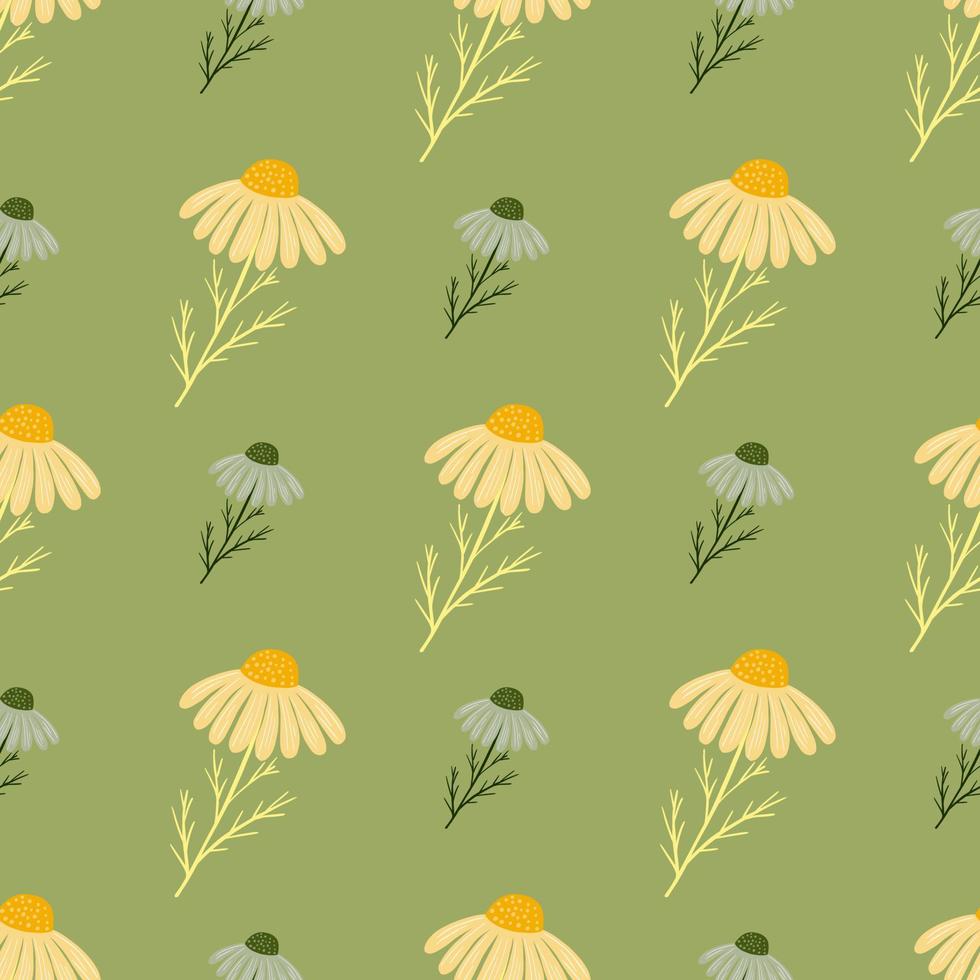 Yellow and blue chamomile flowers seamless pattern in floral style. Green background. Vintage print. vector