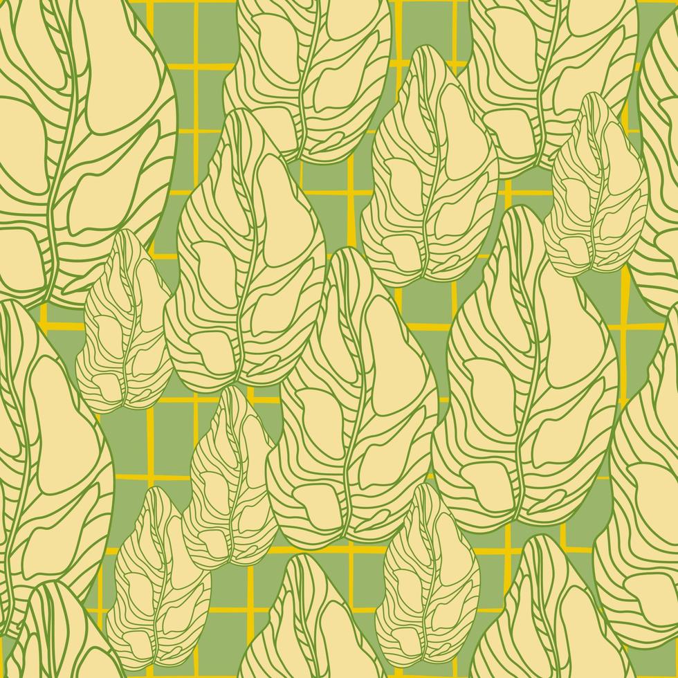 Random seamless pattern with outline beige leaf silhouettes. Green chequered background. vector