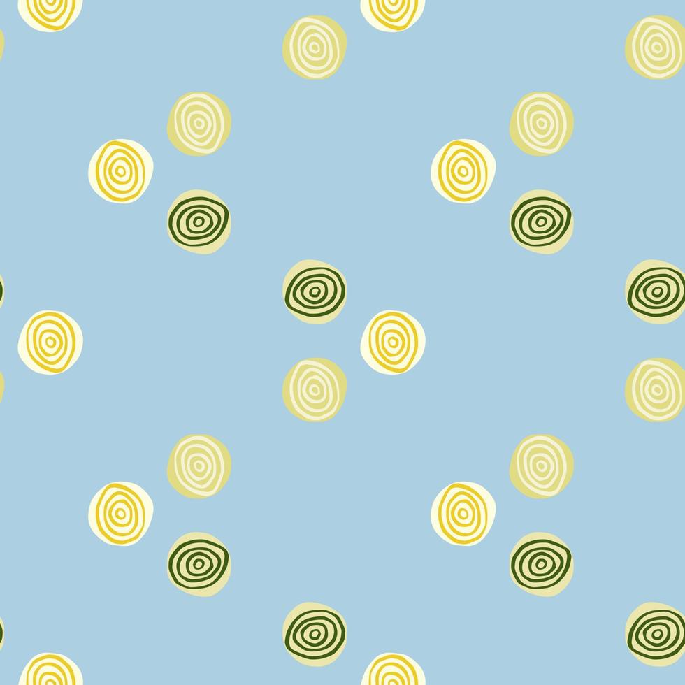 Abstract geometric pattern with hand drawn spirals in yellow and green tones. Light blue background. vector