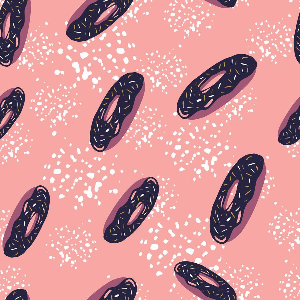 patrón aleatorio sin inconvenientes con elementos de donuts estilizados de garabatos. adorno de comida de color azul marino y morado sobre fondo rosa con salpicaduras. vector