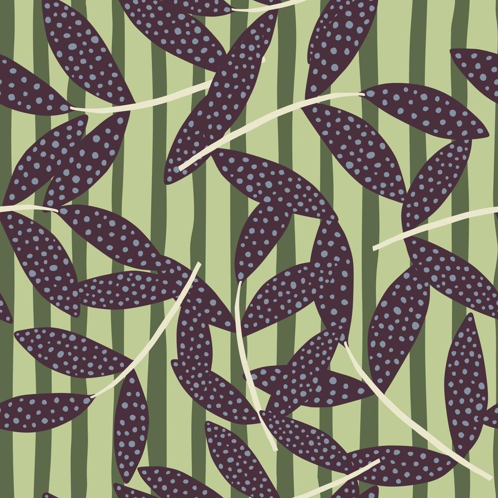 Purple leaves with dots on random located branches. Background with lines in green tones. vector