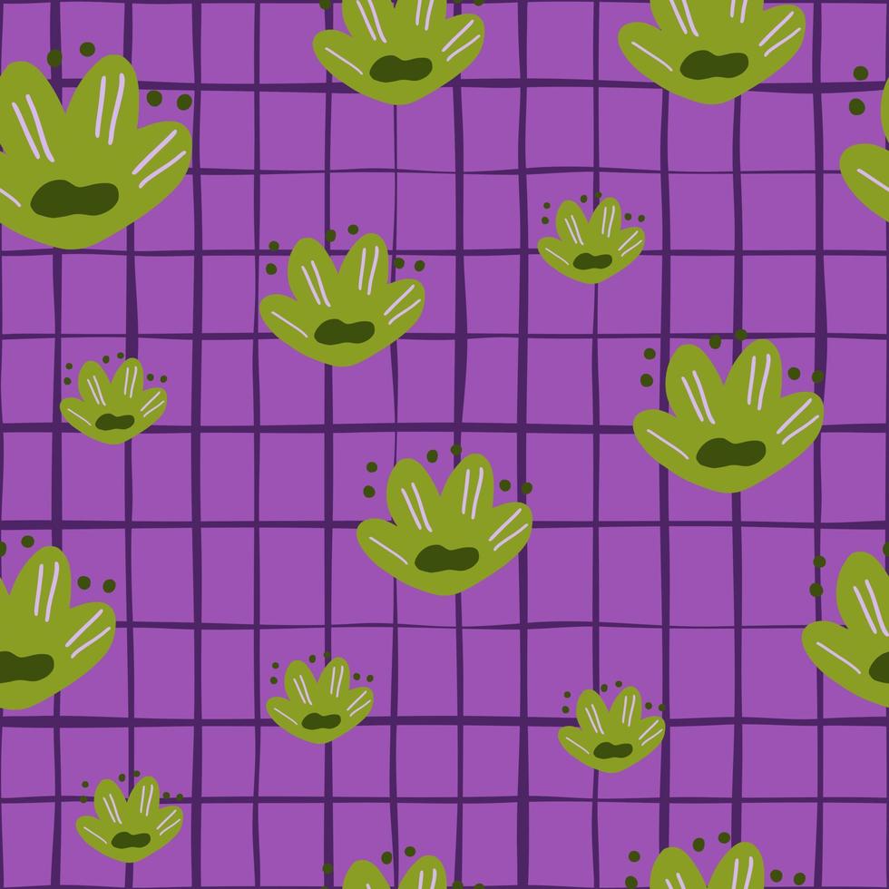 Random bright green childish flowers seamless pattern. Purple chequered background. Abstract kids print. vector