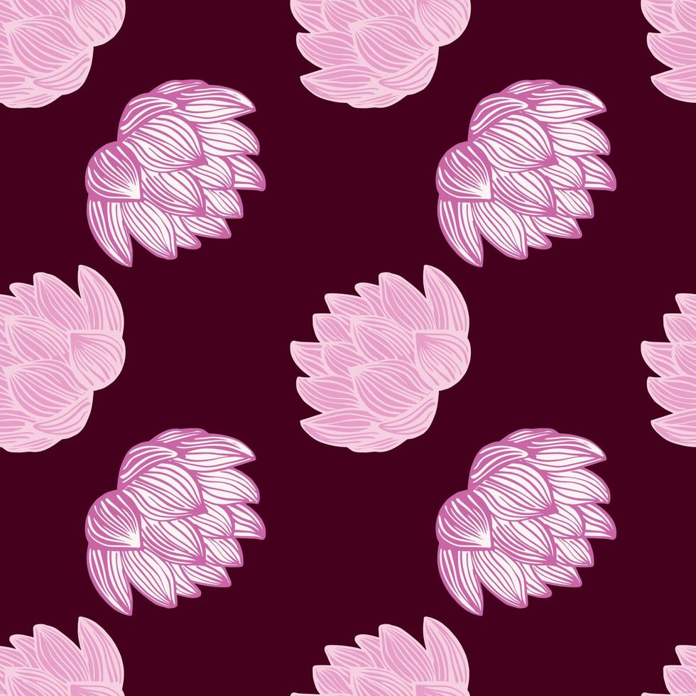 Bloom seamless pattern with contoured pink lotus flower shapes. Dark maroon background. Simple design. vector