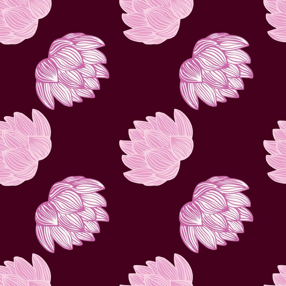 Bloom seamless pattern with contoured pink lotus flower shapes. Dark maroon background. Simple design. vector