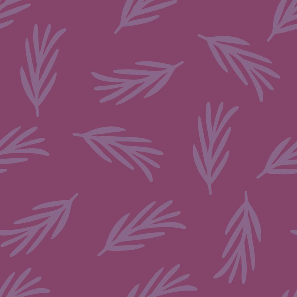 Seamless random pattern with rosemary branch doodle silhouettes. Floral backdrop in purple tones. vector
