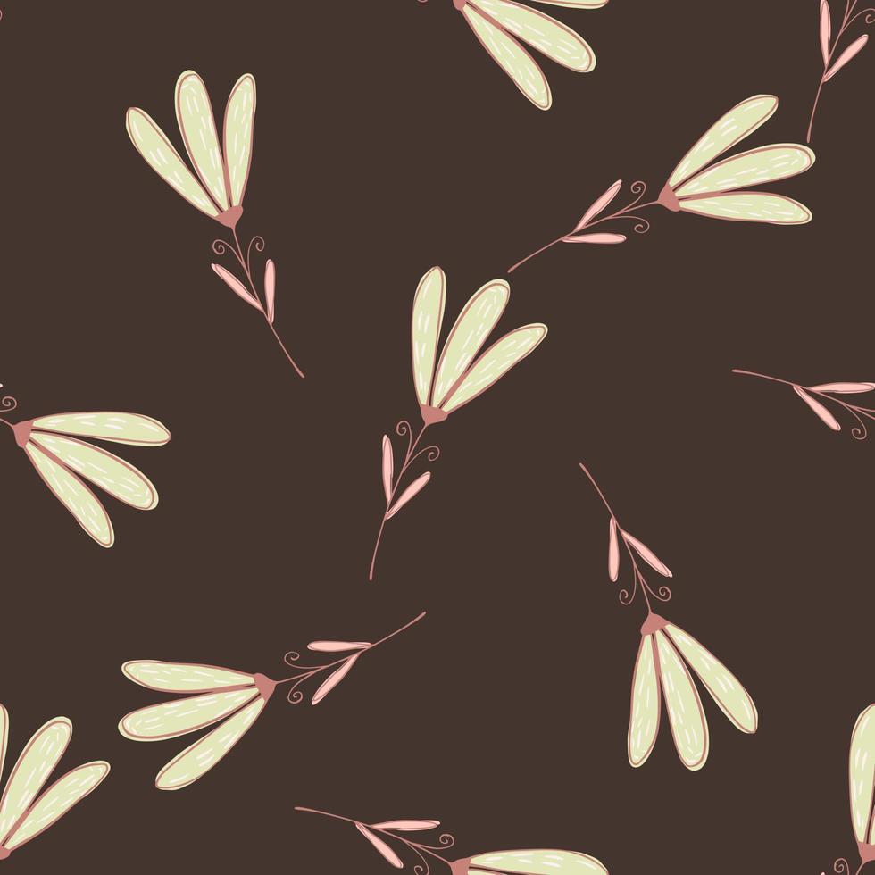 Seamless nature pattern with doodle flower contoured silhouettes. Brown background. vector