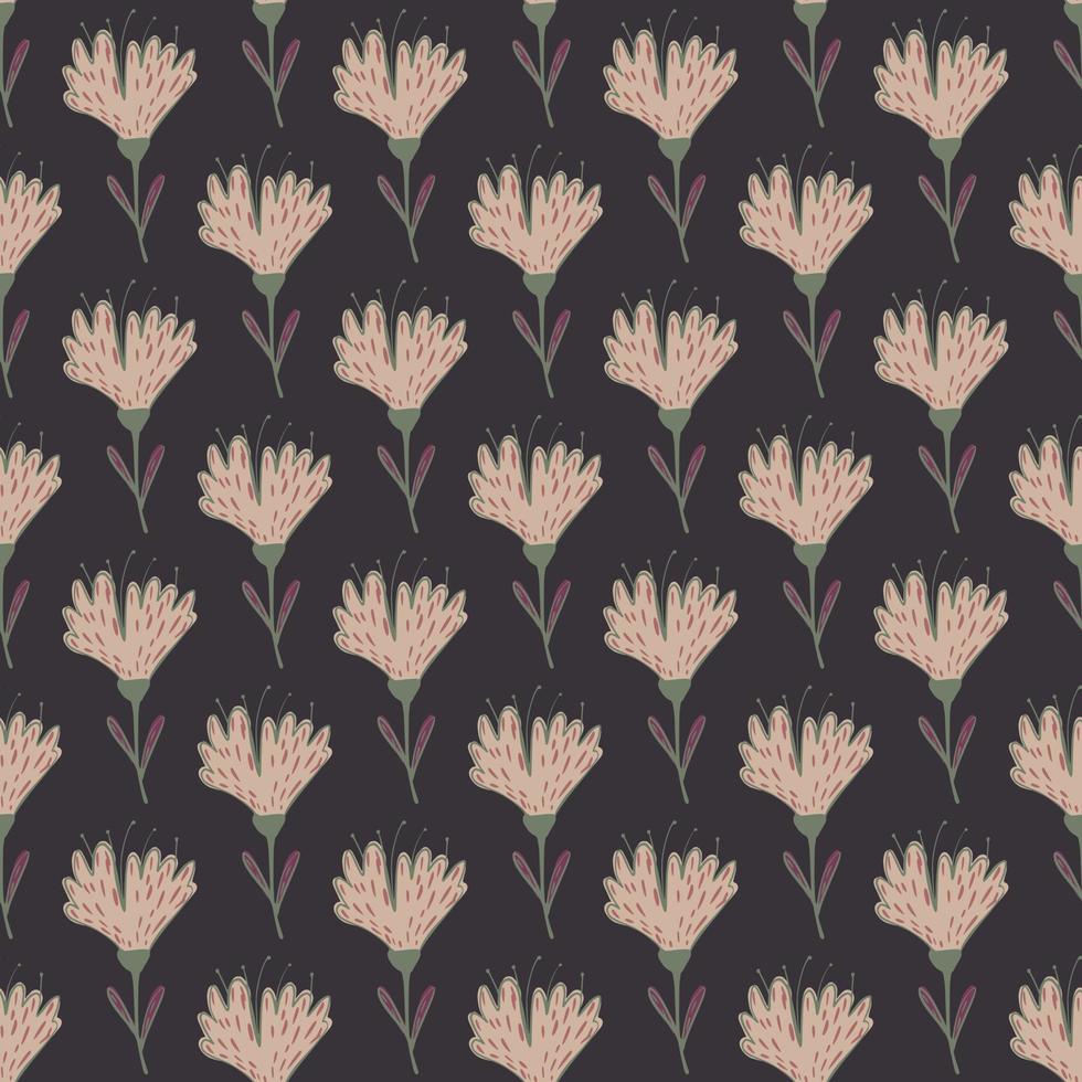 Dark botanic seamless pattern with pale flowers elements. Brown background. Doodle artwork. vector