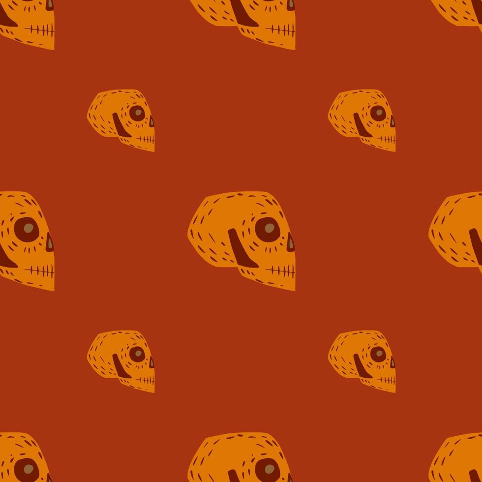 Minimalistic seamless pattern with orange skull shapes elements. Red background. vector
