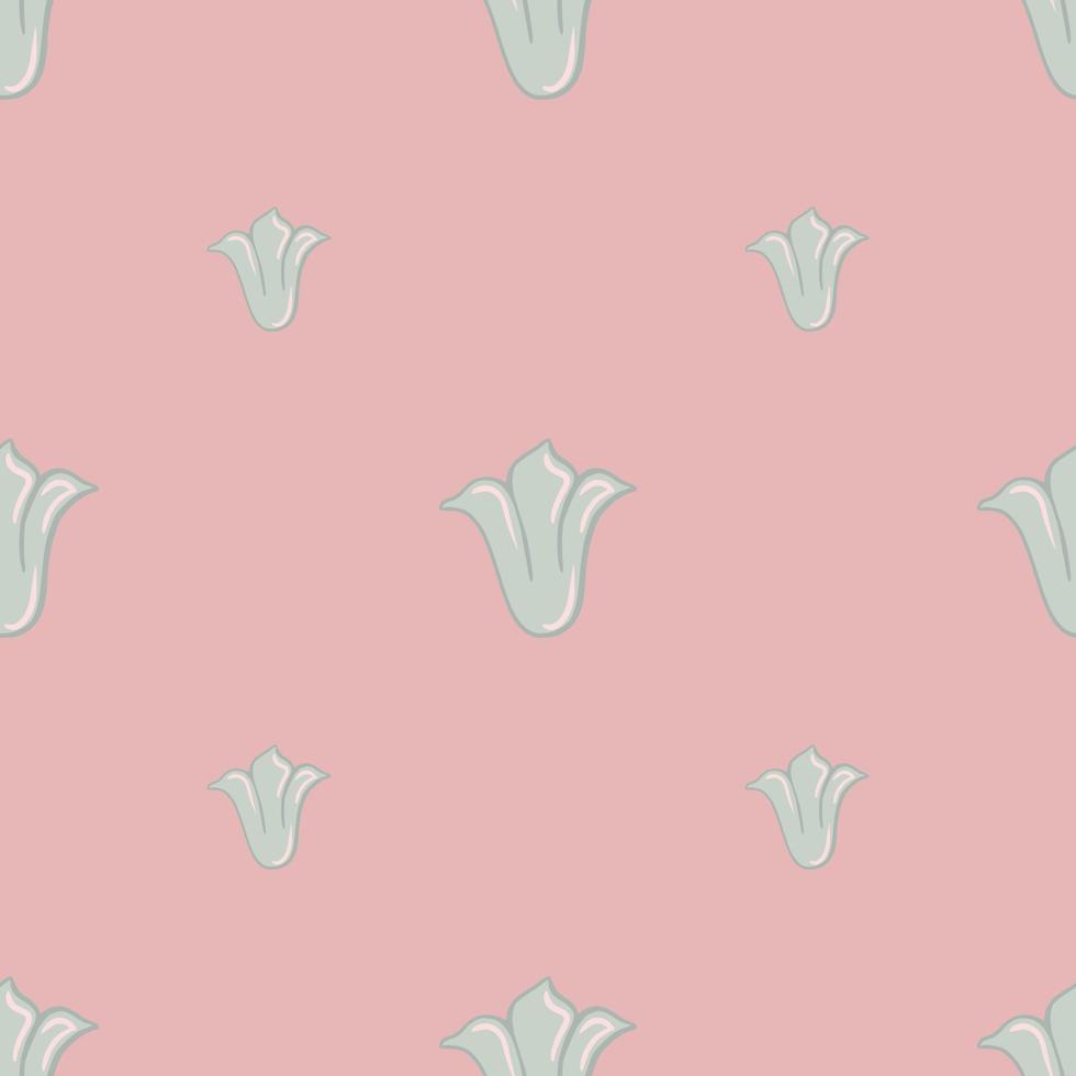 Minimalistic style nature floral seamless pattern with light blue tulip flower buds shapes. Pink background. vector