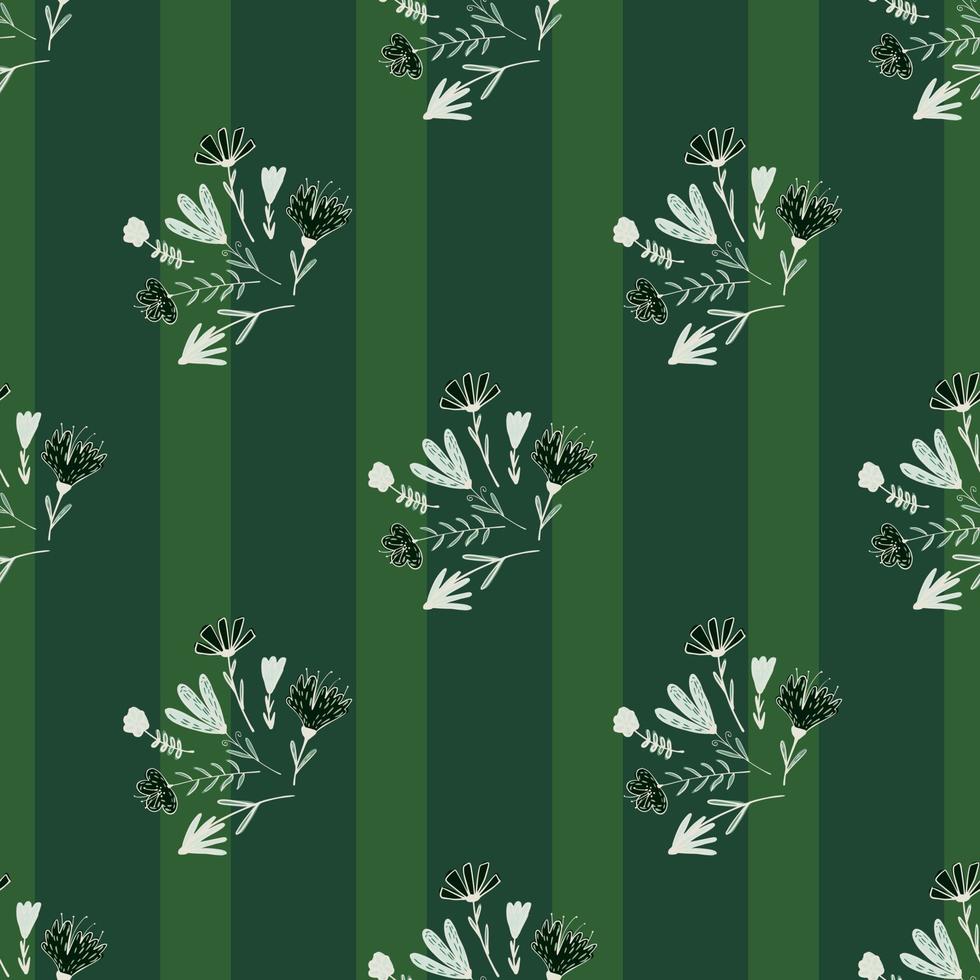 Nature seamless pattern with doodle bouquet of flowers print. Striped green background. vector