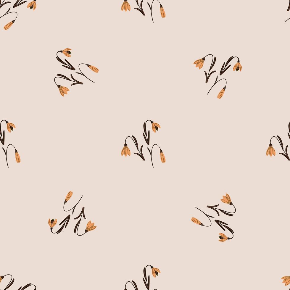 Minimalistic style seamless pattern with orange campanula flowers shapes. Light grey background. Doodle print. vector