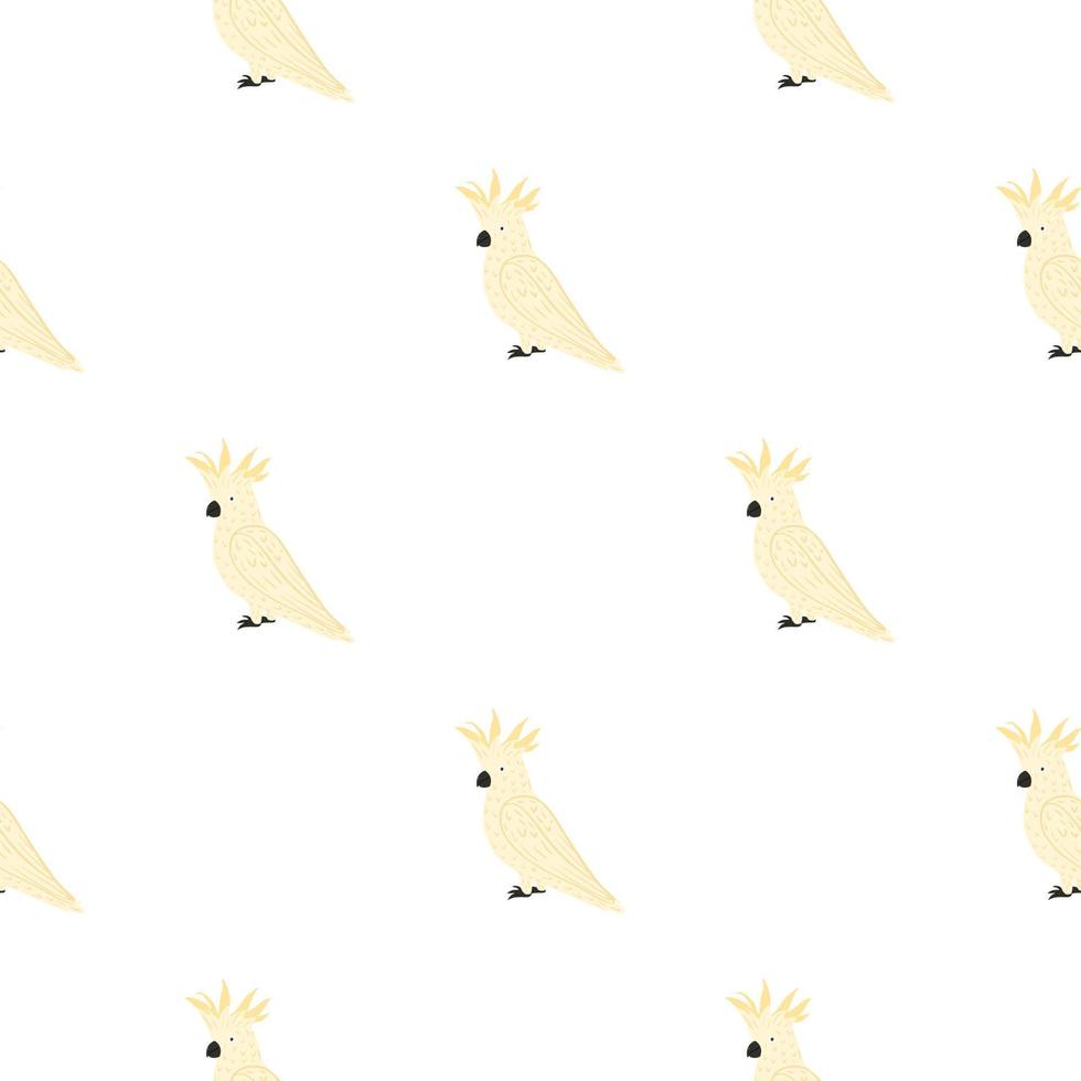 Isolated seamless tropic pattern with light pink parrot cockatoo shapes. White background. Exotic bird. vector