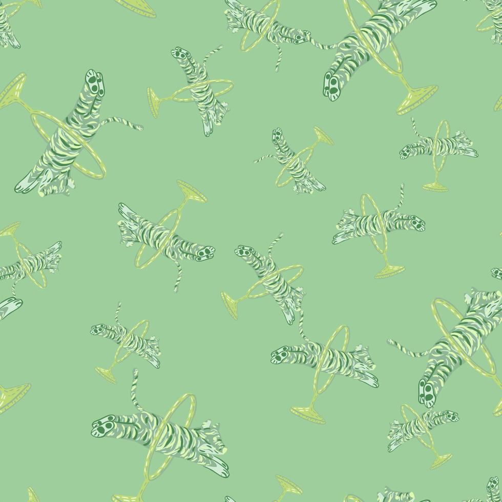 Pastel palette random seamless zoo pattern with hand drawn circus tiger ornament. Light green palette. vector