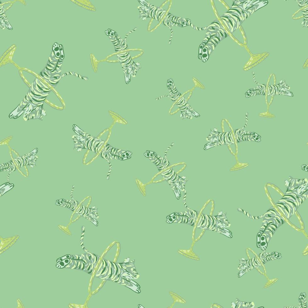 Pastel palette random seamless zoo pattern with hand drawn circus tiger ornament. Light green palette. vector