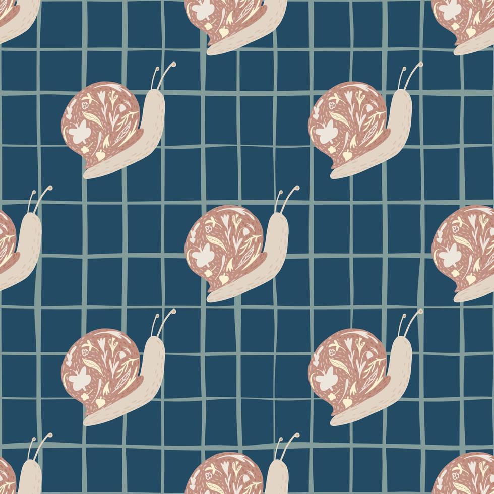 Stylized seamless pattern with simple hand drawn snails ornament. Navy blue background with check. Cartoon print. vector