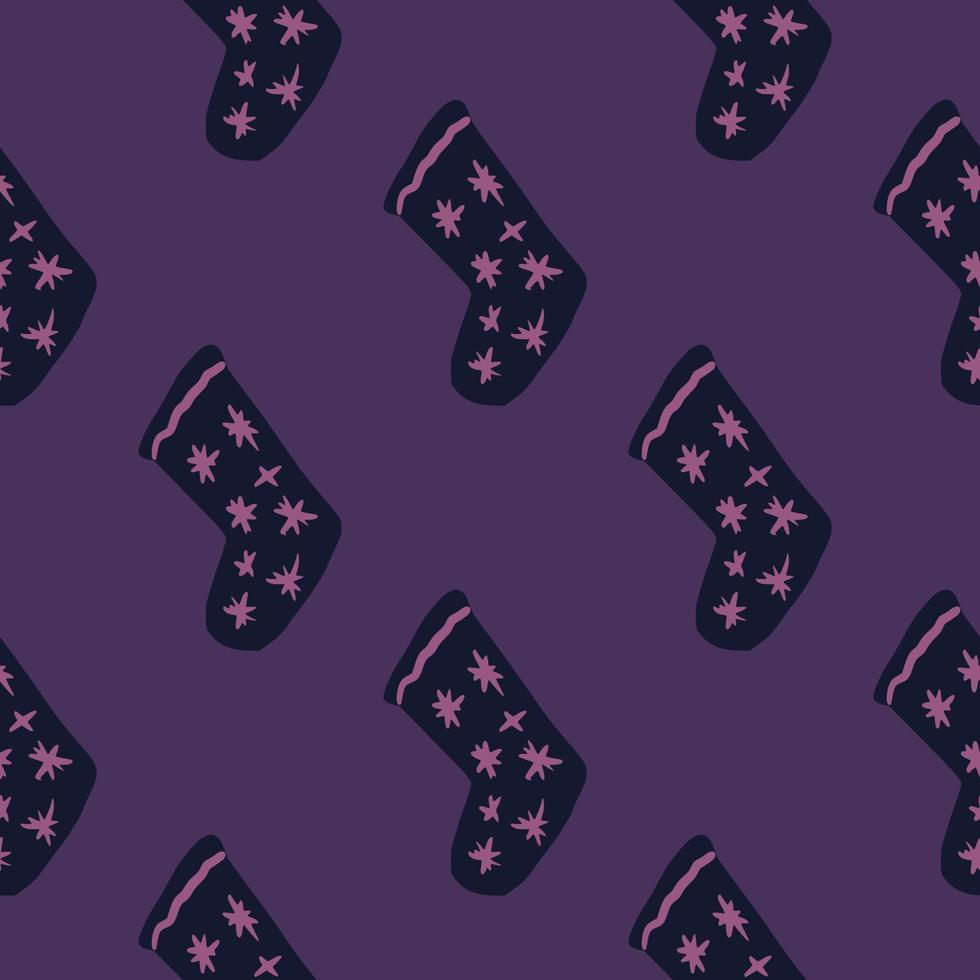 Seamless pattern with christmas socks doodle elements. Purple background. New year holiday backdrop. vector